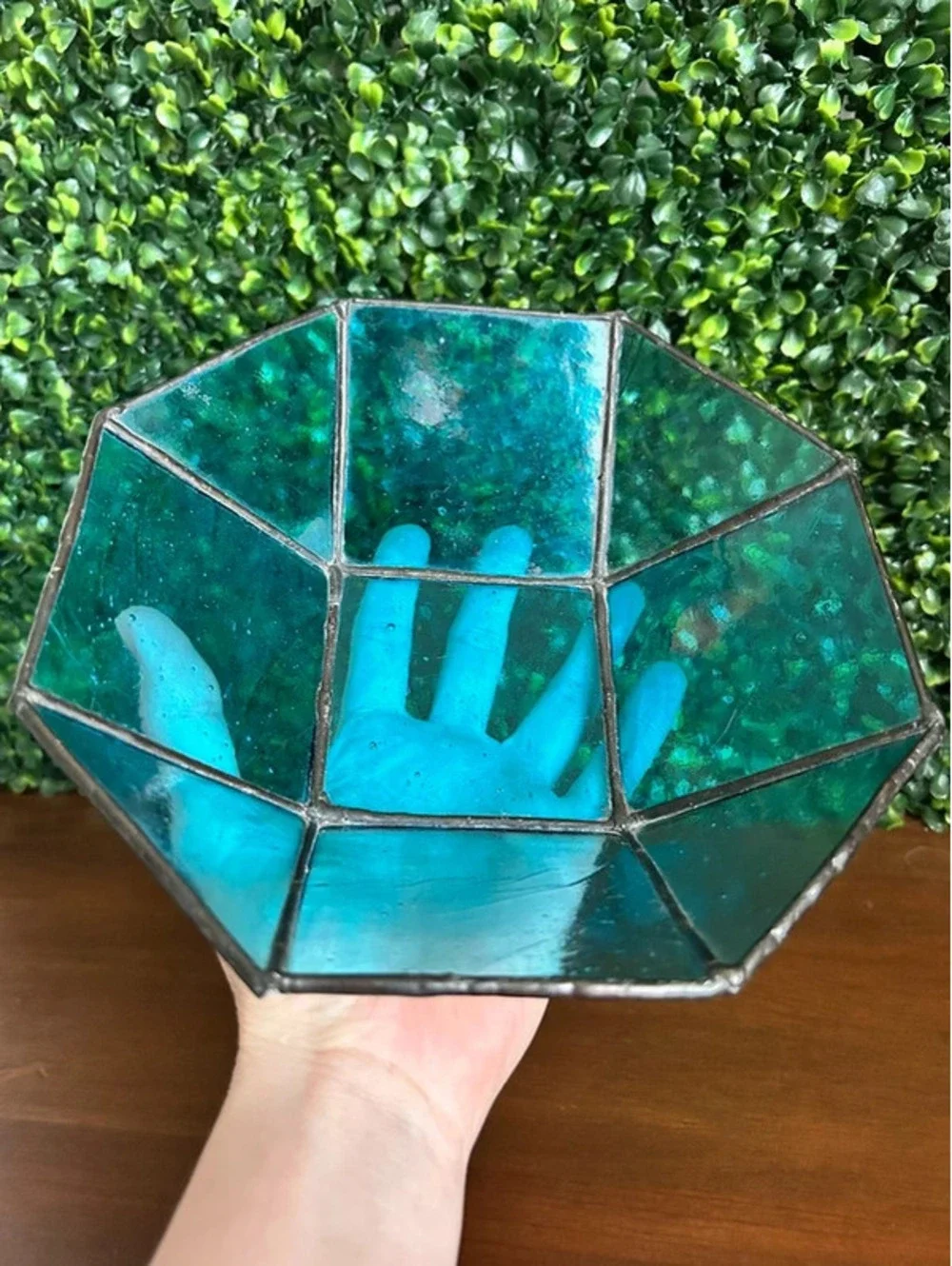 Blue Teal Stained Glass Leaded Geometric Display Bowl 7.5”